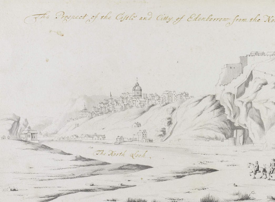 Slezer's view across the Nor' Loch shows us (L to R) the Trinity College Kirk, the Old Town and St. Giles Kirk, the tanners' buildings on the shores of the loch, the well house tower and the castle (pic = Edinburgh City Libraries)