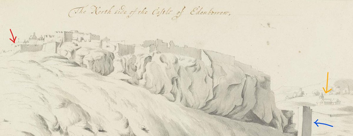 His view of the "North Side of the Castle" shows where Paul Sandby would have made his sketch 60 years later (red arrow), the Well House tower (blue) and the West Kirk of  @cuthbert_church (orange)