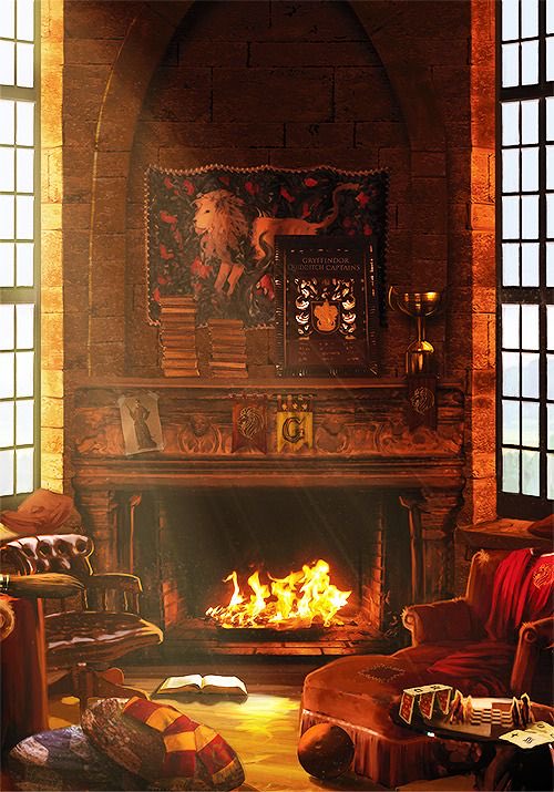 Behind her painting is a large common room, with a fireplace, and two staircases leading up to the girls' and boys' dormitories.