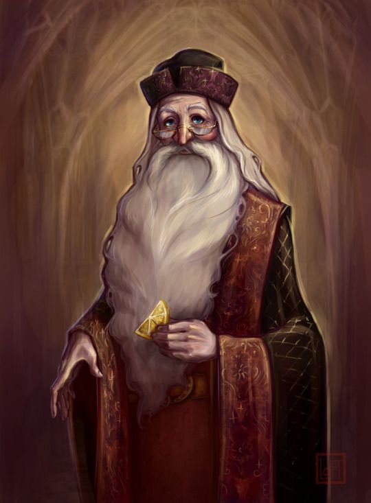 𝑨𝒍𝒃𝒖𝒔 𝑫𝒖𝒎𝒃𝒍𝒆𝒅𝒐𝒓𝒆, winner of the Order of Merlin for his duel with Gellert Grindelwald in 1945, headmaster of Hogwarts and founder of the order of the phoenix. Killed on by Severus Snape in the Battle of the Astronomy Tower. (art by artsyharrypotter)