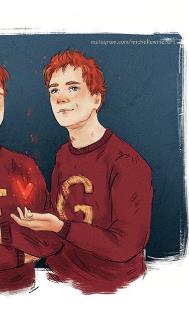 𝑮𝒆𝒐𝒓𝒈𝒆 𝑾𝒆𝒂𝒔𝒍𝒆𝒚, beater on the Gryffindor Quidditch team and member of Dumbledore's Army. He also left Hogwarts before the end of his final year and became co-founder of Weasley's Wizard Wheezes. After the war he ran the shop with Ron(art by michelle-wined)