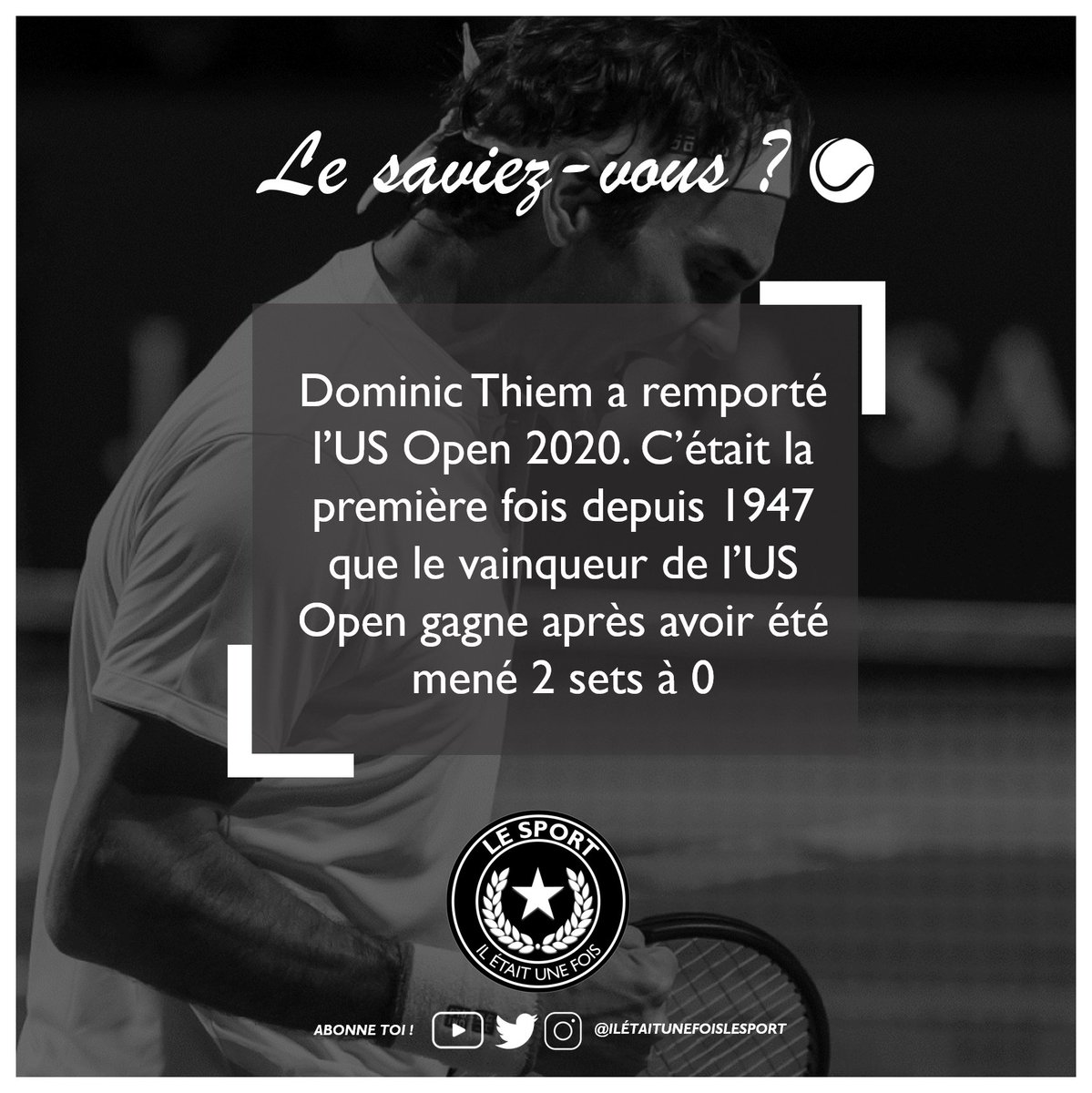 Le saviez-vous ? Dominic Thiem a remporté l’US Open 2020. C’était la première fois depuis 1947 que le vainqueur de l’US Open gagne après avoir été mené 2 sets à 0
#tennis #UsOpen