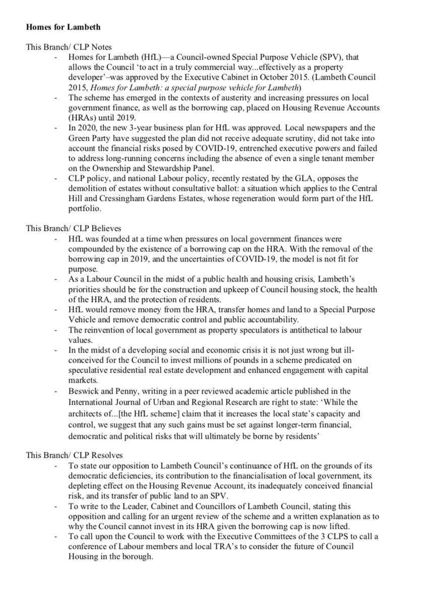 DaWNLabour's tweet photo. Last week our General Committee voted in opposition to Homes for Lambeth due to its democratic deficiencies, contribution to financialisation of local government, depleting of the Housing Revenue Account, inadequately conceived financial risk &amp; transfer of public land to an SPV. https://t.co/vZ9jGWUExF