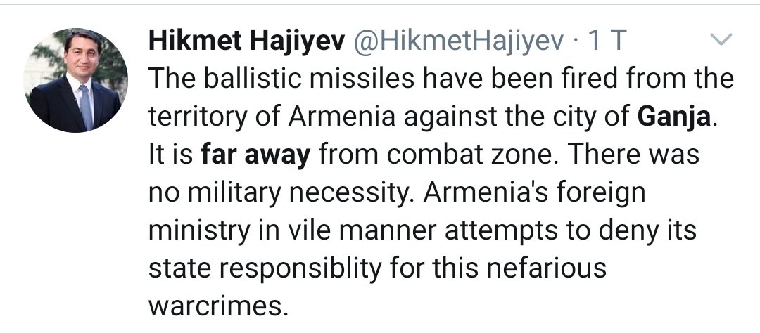 "Ganja is far away from the conflict zone"True, but how is that relevant?  #Stepanakert was a perfectly peaceful city a year ago, as was  #Ganja. You can't declare one a conflict zone and kill civilians over night "rightfully". Every human loss is a human loss...