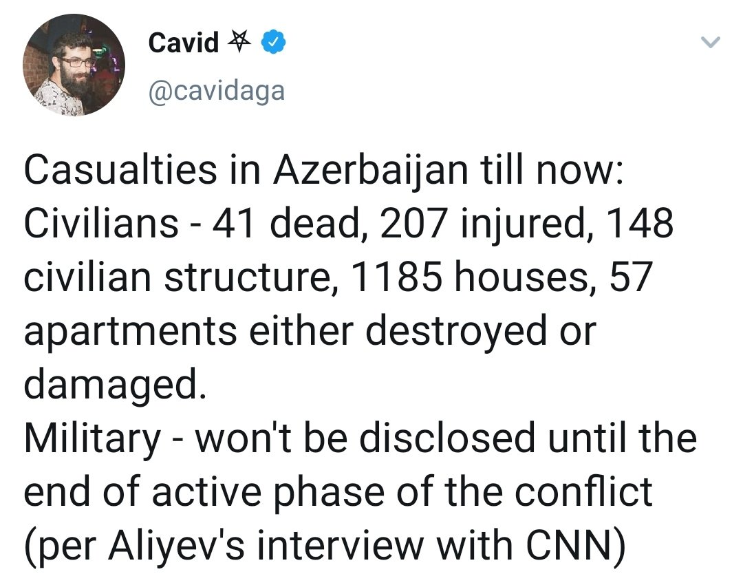 And if Armenians in Stepanakert are "Azerbaijan citizens" that "you have nothing against", why are casualties in Stepanakert not counted in your statistics? [Note: These are  #Aliyev's words,  @cavidaga is just thankfully translating them]