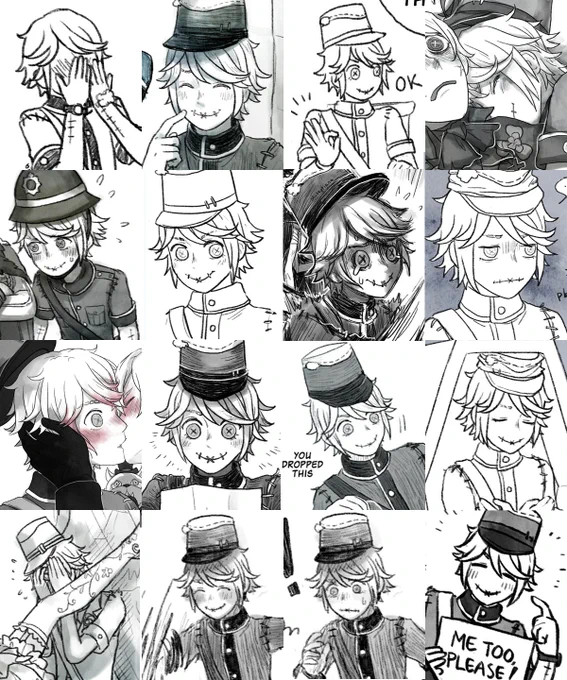 Victor Grantz ?? #samecharacter 
lol I drew him a lot.... I had to separate it into 3 pics to make it less crowded....
- Default &amp; B-tier skins
- Keyboard (+ oni version)
- The Embrace
and extra: victor's back ? 