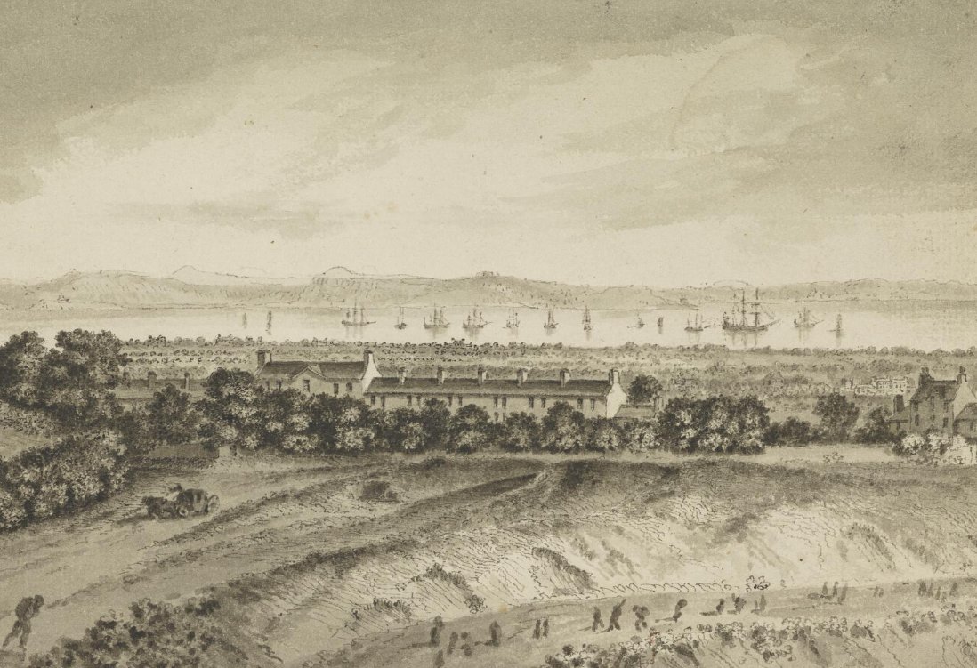 About 100 years after Slezer, John Clerk of Eldin made sketches which give invaluable views of the edges of Edinburgh at the time. This view shows Picardy village and the house of Gayfield, from the north side of Calton Hill. The two levels of the road to Leith in the foreground