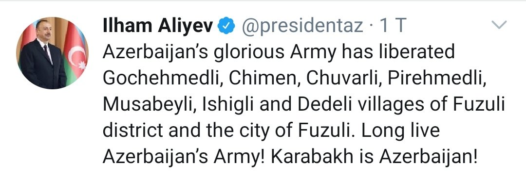 Again  #Aliyev keeps speaking of "liberations". Liberation wars usually refers to independence wars against colonisers or at least liberating people living under oppression (e.g. "liberating from so-called ISIS).