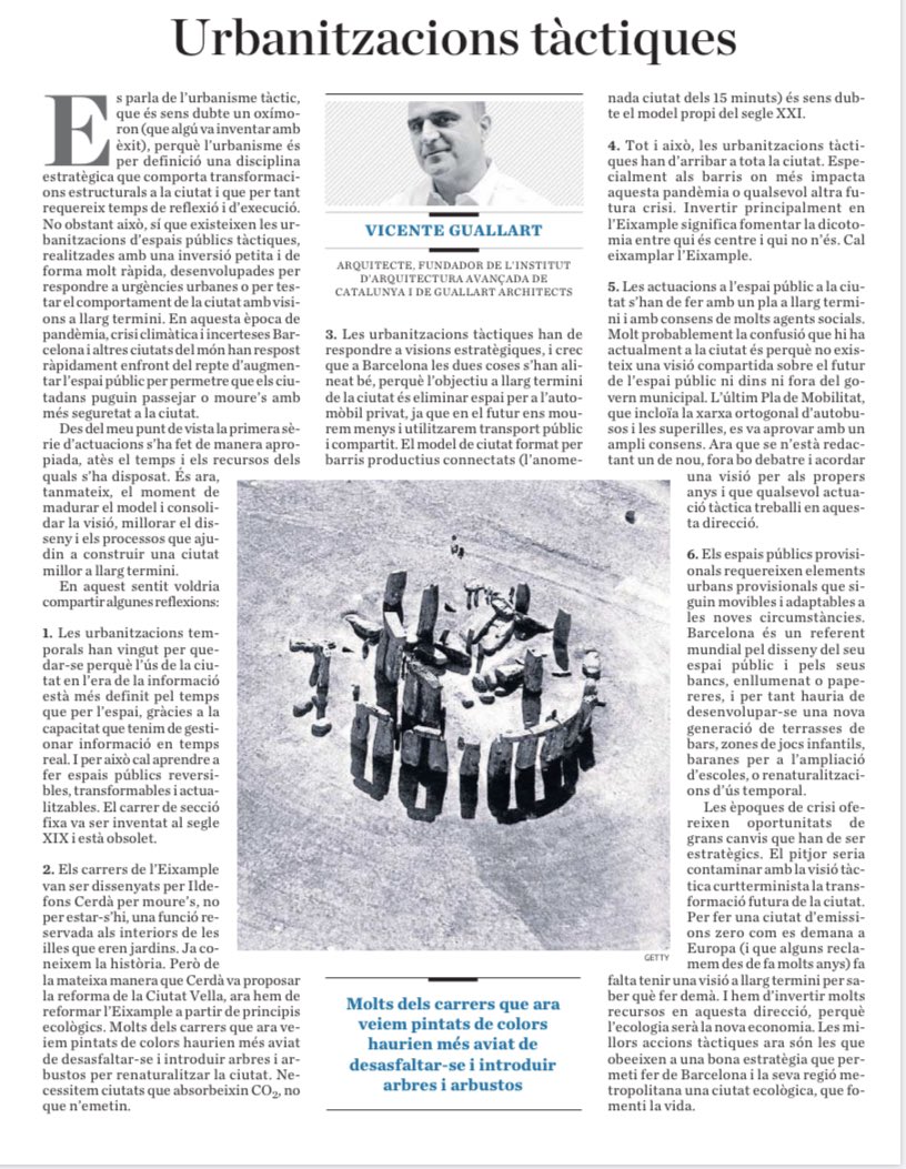 El que va ser arquitecte en cap de Xavier Trias defensa l’urbanisme tàctic impulsat a Barcelona (i a moltes ciutats) i proposa despavimentar carrers. La proposta d’<a href="/AdaColau/">Ada Colau 💜🌈🔻</a> <a href="/janetsanz/">Janet Sanz 🍉</a> i <a href="/xavimatilla/">Xavi Matilla</a> és la de Paris, Milà o Nova York. L’oposició és la del segle XIX.