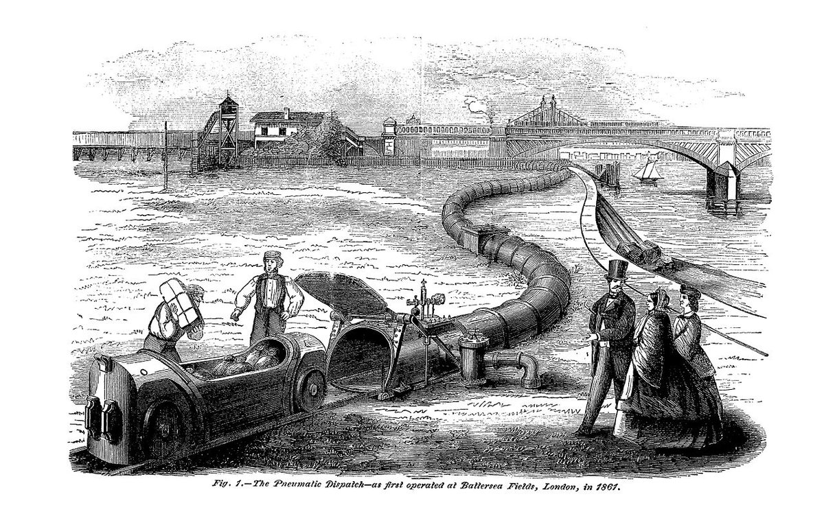 Pneumatic railways still had some promoters, such as the London Pneumatic Despatch Company's mail transfer system. As well as mail, this occasionally sucked prestigious thrillseekers underneath London, with workers sometimes having to crawl down with a rope to drag them out.