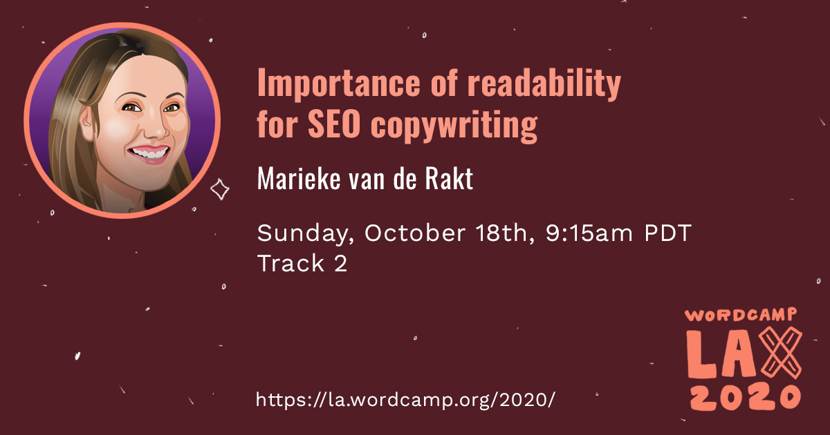 WordCampLAX's tweet photo. UP NEXT: “Importance of readability for SEO copywriting” presented by Marieke van de Rakt @MariekeRakt at 9:15am PDT. #WCLAX

Watch LIVE here - https://t.co/sT1GOYnzve https://t.co/oqpjawkZFS