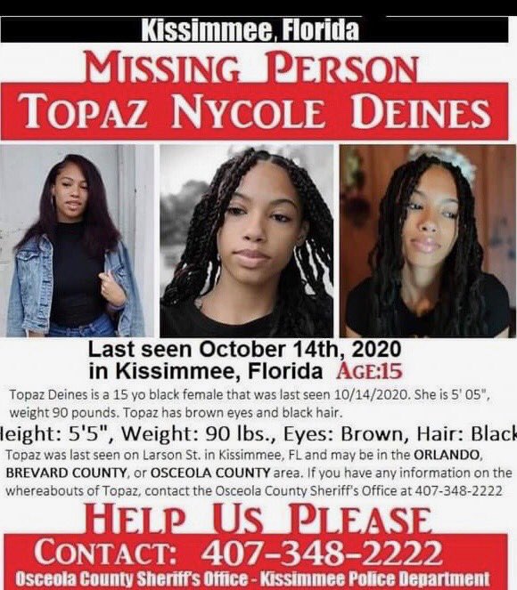 My little cousin has gone missing. She lives in Kissimmee, FL. If anyone sees her please call and get her help🙏🏽