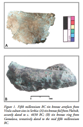 The first evidence of tin use for making bronze appears in the Balkans in mid 5th millennium BC. According to  http://discovery.ucl.ac.uk/1420706/1/S0003598X0004984Xa-1.pdf, the earliest tin bronze artefacts in Eurasia have been discovered in Pločnik, a Vinča culture site in Serbia.