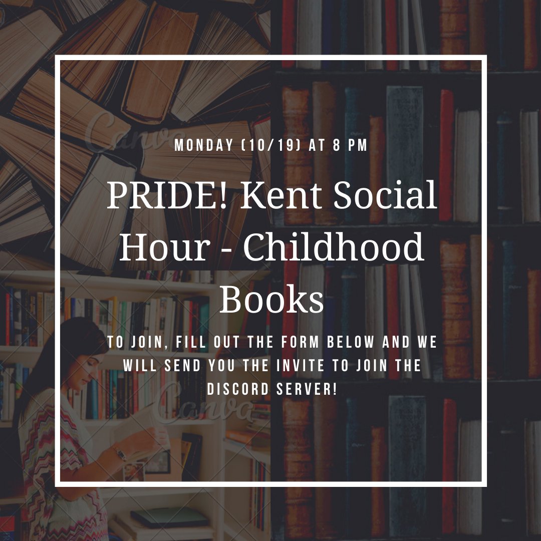 Join PRIDE! Kent this Monday (10/19) at 8 PM for a social hour where we'll revisit our favorite childhood books! We will be hosting the meeting on our Discord server.
To join, fill out this form (forms.gle/ei3AwQDrS1dprY…) and we will email you the invite link to join the server!
