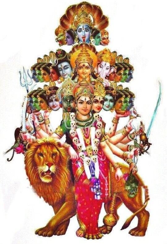 In her beneficent aspect she is known variously as Uma, Parvati, and Ambika. In her fierce, destructive aspect she is represented as the Kali, the demon-destroying Durga, & the goddess of smallpox, Shitala. She is also worshipped as the Lakshmi, who is the wife of Vishnu.