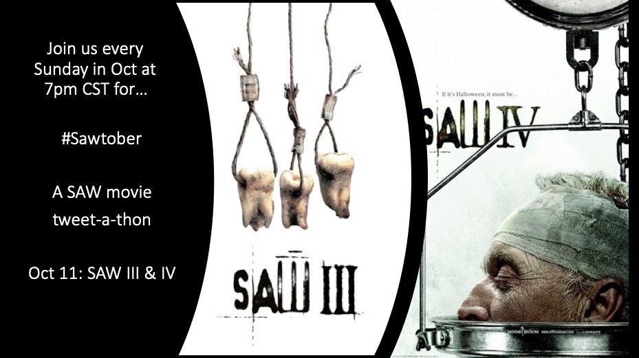 Okay, so I unfortunately had to miss last week's  #Sawtober screening of SAW III and SAW IV, so I'm catching up today (by myself) before  @bstolemyremote,  @smashtraves,  @ReelBrew,  @jennyleighx33 and I watch SAW V and SAW VI tonight at 7pm CST.Time to start SAW III...