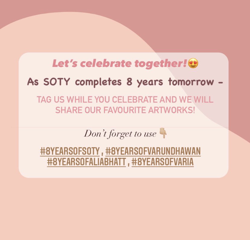 _hypepr's tweet photo. Hey, #Varuniacs , #Alianators and #Varians - let’s celebrate #8YearsOfSOTY together! ☺️
@aliaa08 @Varun_dvn @karanjohar @DharmaMovies
PS - Follow us, if you still haven’t :) https://t.co/etLXvLon7e