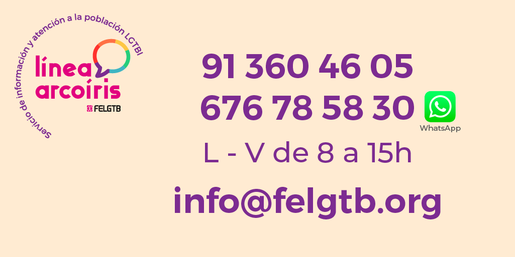 ¿Tienes dudas relacionadas con #VIH, solicitudes de asilo, violencia intragénero, personas trans, etc? ¿Necesitas apoyo o asesoramiento? ¡Te atendemos en la 🌈#LíneaArcoíris! 🙃

☎️ 91 360 46 05
📲 676 78 58 30
📧 info@felgtb.org 

👉 felgtb.org/que-hacemos/de…

#ApoyoLGTBI