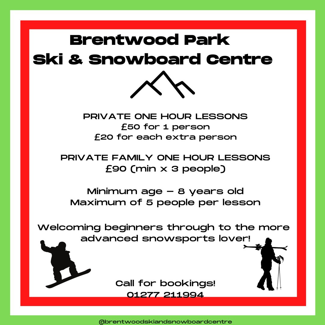 Book your lessons with us now! 

Private ski or snowboard lessons for you or you and your family.

Call 01277 211994 for all availability and bookings.