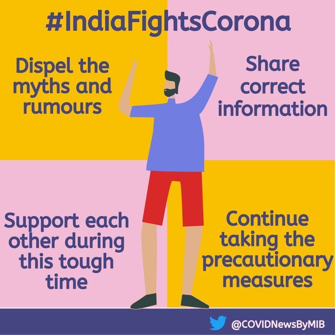 COVIDNewsByMIB's tweet photo. #IndiaFightsCorona:

➡️Dispel the myths and rumours
➡️Share correct information
➡️Support each other during this tough time
➡️Continue taking the precautionary measures  
 
#StaySafe #Unite2FightCorona https://t.co/TbGfwL8Vqk