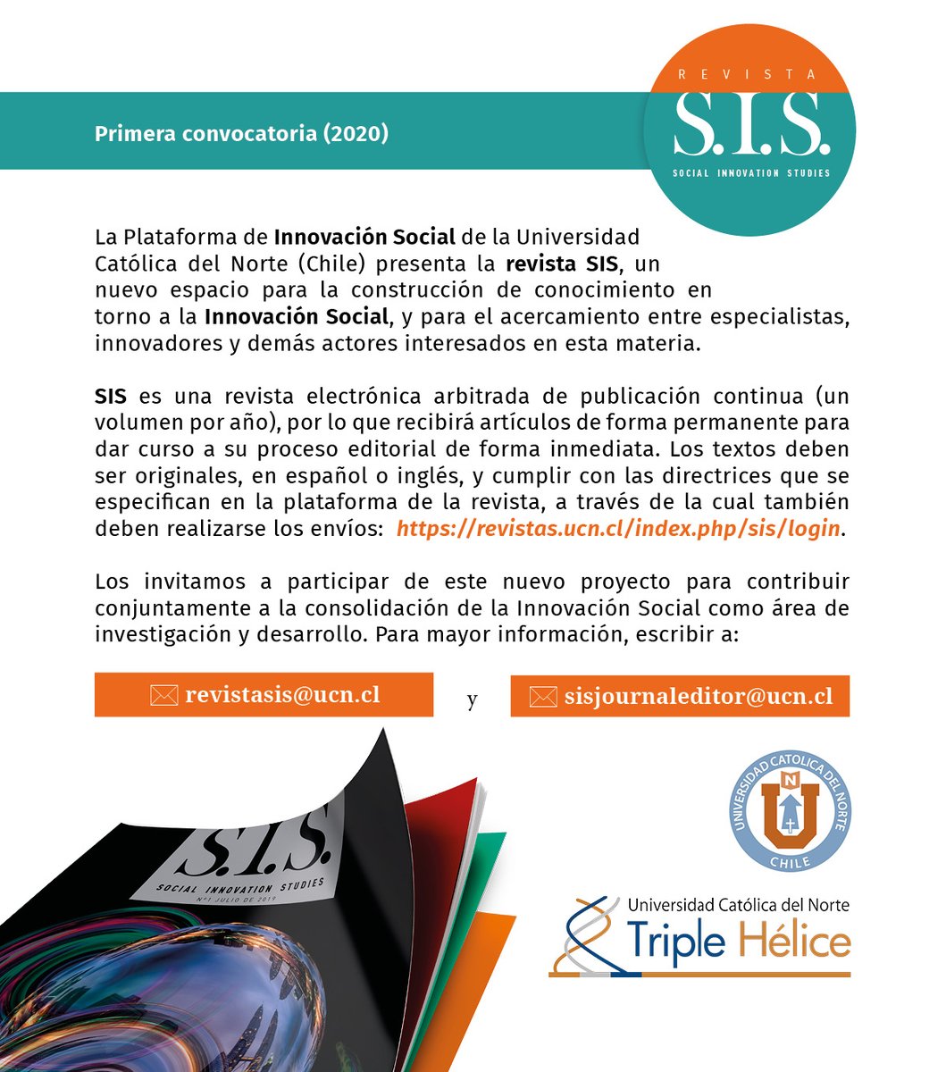La invitación a contribuir con publicaciones (artículos: estudios empíricos, artículos teóricos, metodológicos, análisis de casos, reflexión o revisión) para la consolidación de la innovación social como área de investigación y desarrollo. 

tripleheliceucn.cl/2020/03/26/rev…