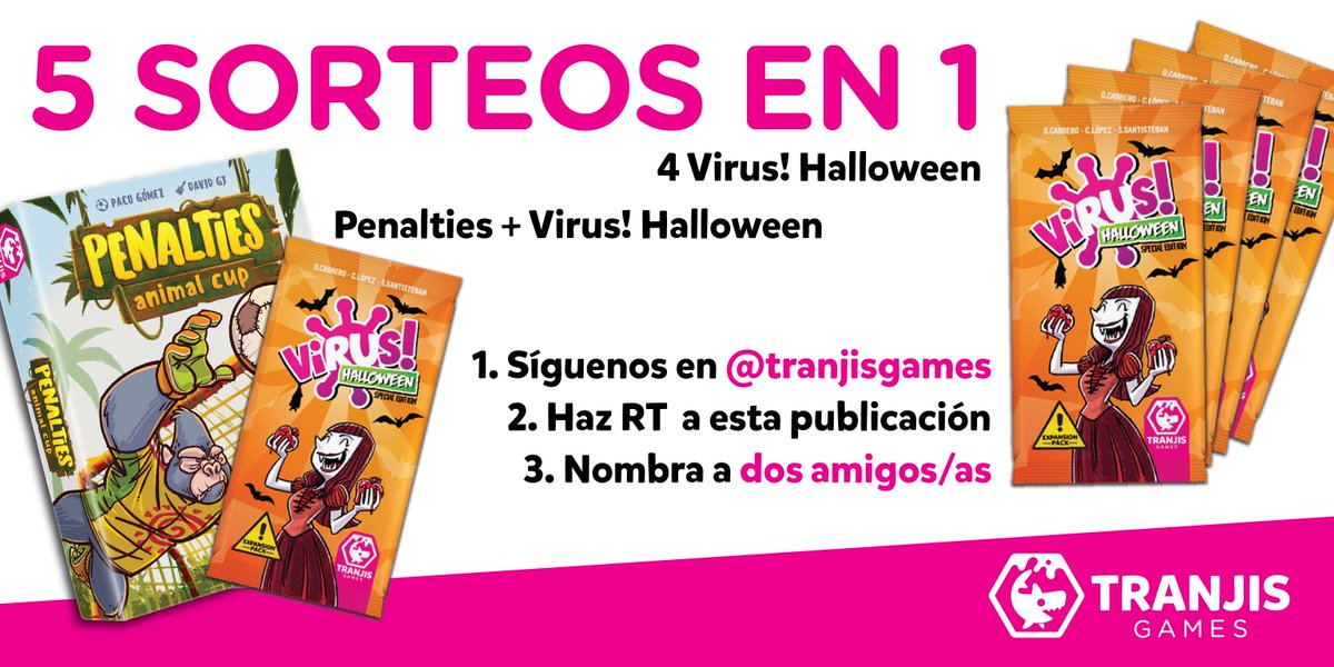 ¡SORTEO ESPECIAL!

Llévate un pack con nuestras próximas novedades: Penalties: Animal Cup y Virus! Halloween.

Además, 4 segundos premios con un Virus! Halloween. 

Participa:

👉Sigue a <a href="/Tranjisgames/">Tranjis Games</a>

👉Da RT a este tweet

👉Menciona a 2 personas

Bases: cutt.ly/5sorteosen1