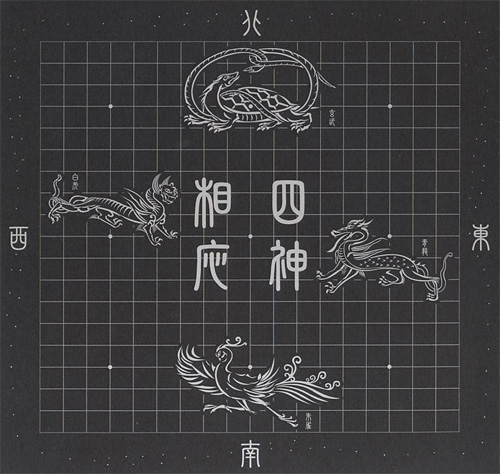 WorldOfGo's tweet photo. "I would like you to draw a microcosm of the universe with white and black stones on a go board protected by the four gods on all sides."
* Azure Dragon on the east;
* White Tiger for the West;
* Vermilion Bird protects the South;
* Black Tortoise guards the North; https://t.co/4Rmg2NJWYG