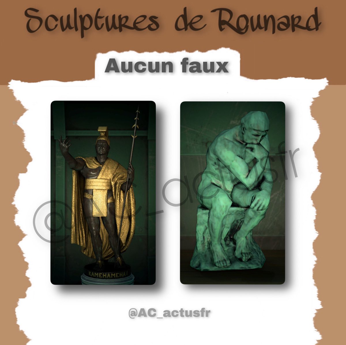 AC_actusfr's tweet photo. 𓅊 LISTE DES SCULPTURES 𓅊

Voici la liste des 13 sculptures de Rounard 🦊

• 11 sculptures pouvant être fausses. 
• 2 sculptures qui ne sont jamais fausses. 

#AnimalCrossingNewHorizons #ACNH #AnimalCrossing #ACNHEntraide https://t.co/ivXI1bxcH5