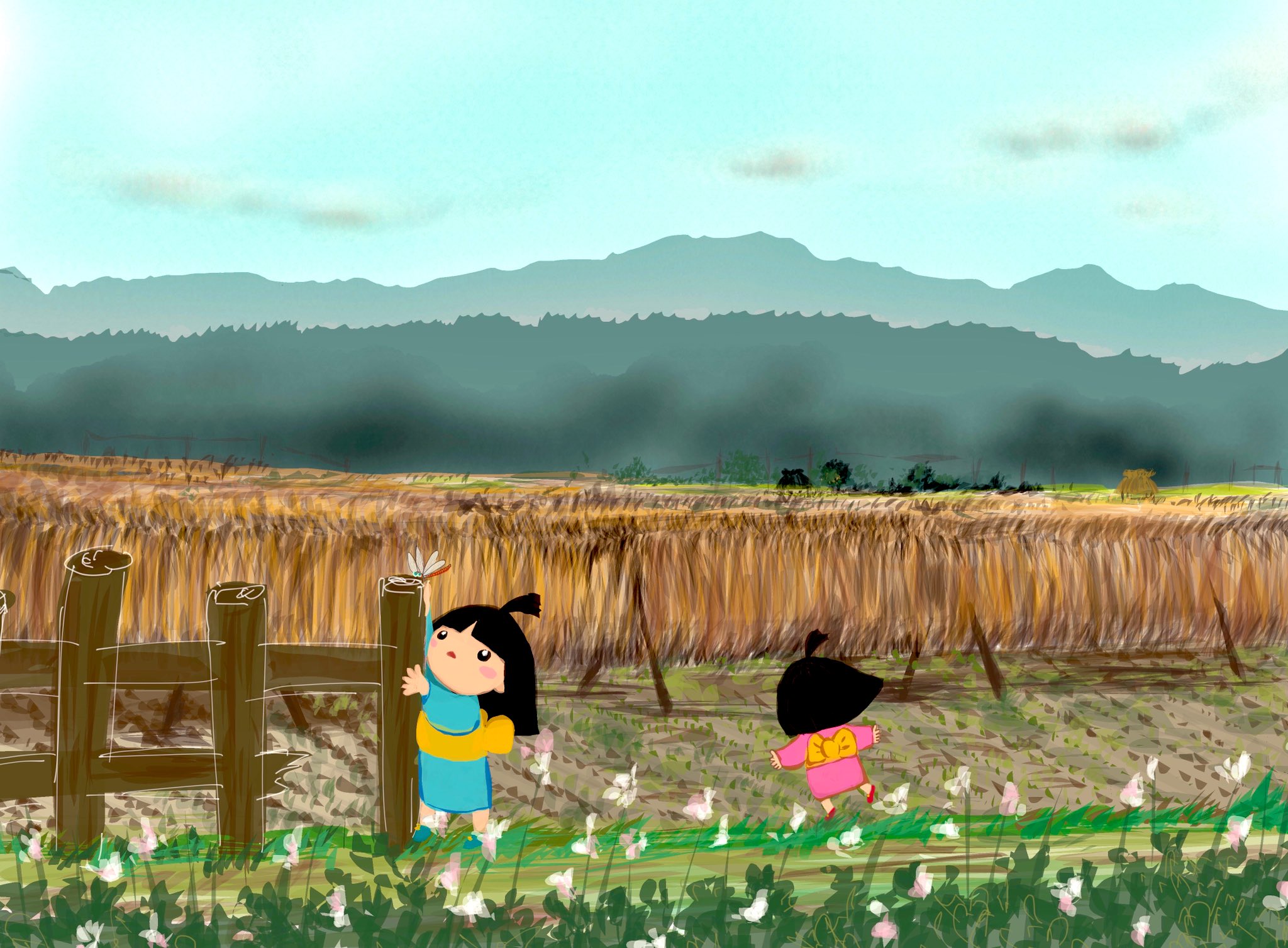 りん 田舎暮らしのイラストレーター だいぶ肌寒い季節になりました 稲刈りももうすぐ終わり イラスト Illustration 365日どこかにかわいいのがいる 一日一絵 田んぼ 稲刈 トンボ 童ちゃんず 秋の日 神無月 幸せを感じられる心 T Co