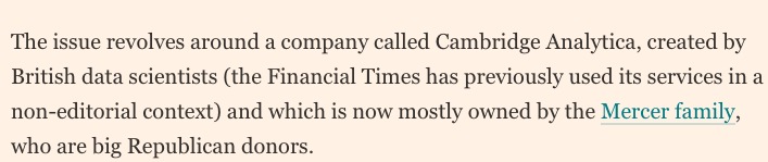 The work for  @FT is 'publicly known', the Cambridge Analytica employee says. This is true. We've known about it since  @gilliantett wrote a fascinating early article on the company & - as is good journalistic practice - included this detail in her piece