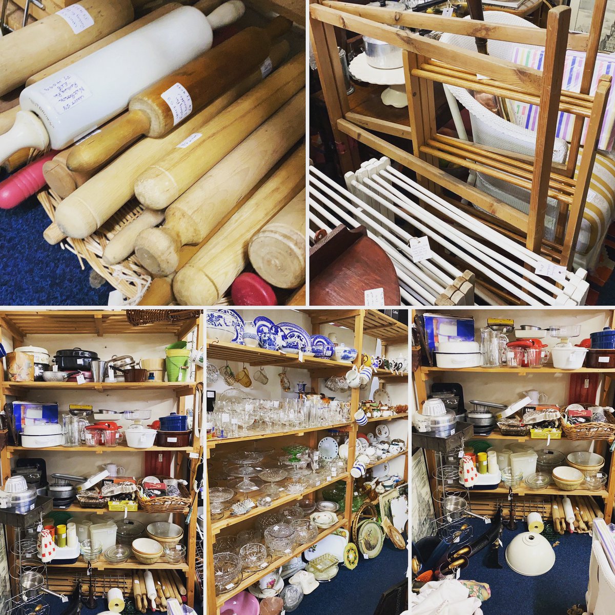 Jackie is stocked to the rafters with kitchenalia #happydays #kitchenstuff #kitchenalia #vintagerollingpins #bakeware #enamelware #vintageairers #vintageglasscakestands #vintagejellymoulds #astraantiquescentre #hemswell #lincolnshire https://t.co/ym81G1WIJM