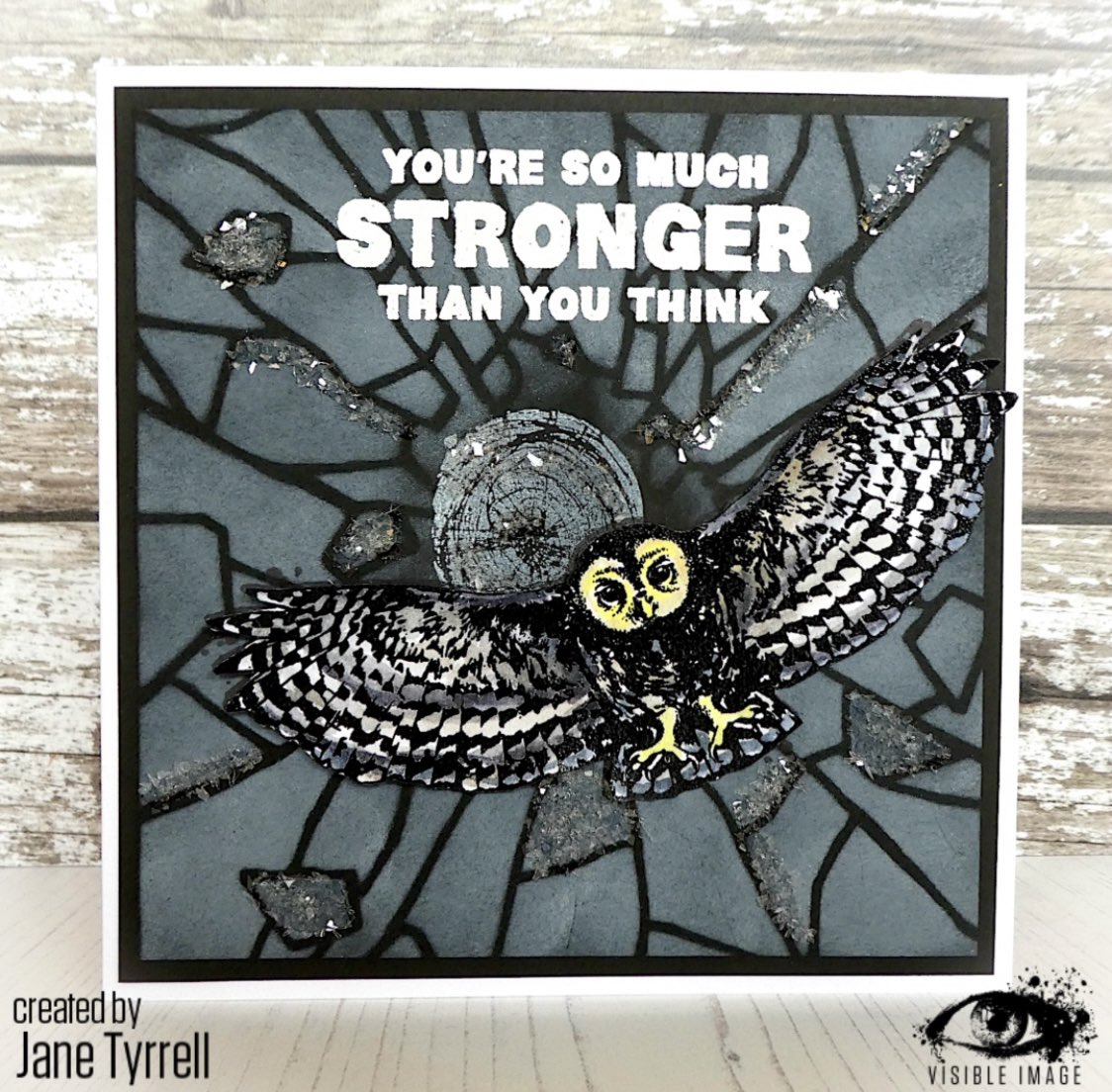 We all need to remember how strong we are 🖤 We love this sentiment with our NIGHT OWL stamp, and the glass glitter highlights some of the cracks and broken pieces of our BREAKING GLASS stencil beautifully ✨ #handmadecard #stamping #stencils #staystrong #visibleimagestamps