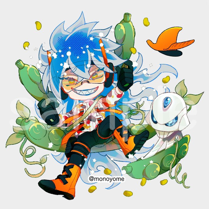 1boy male focus smile long hair blue hair boots gloves  illustration images