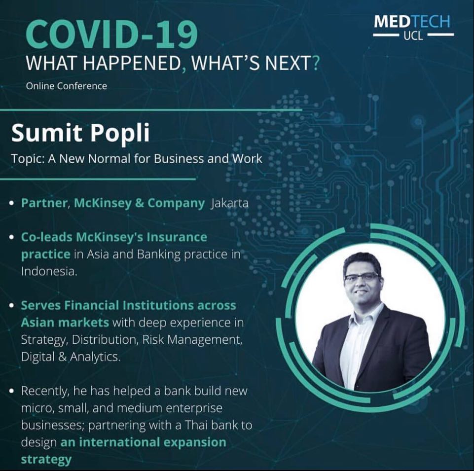 Introducing our third speaker for the day: Sumit Popli of <a href="/McKinsey/">McKinsey & Company</a>! Sumit will be talking about the future business and work in the COVID-era! His talk starts in 20 minutes!