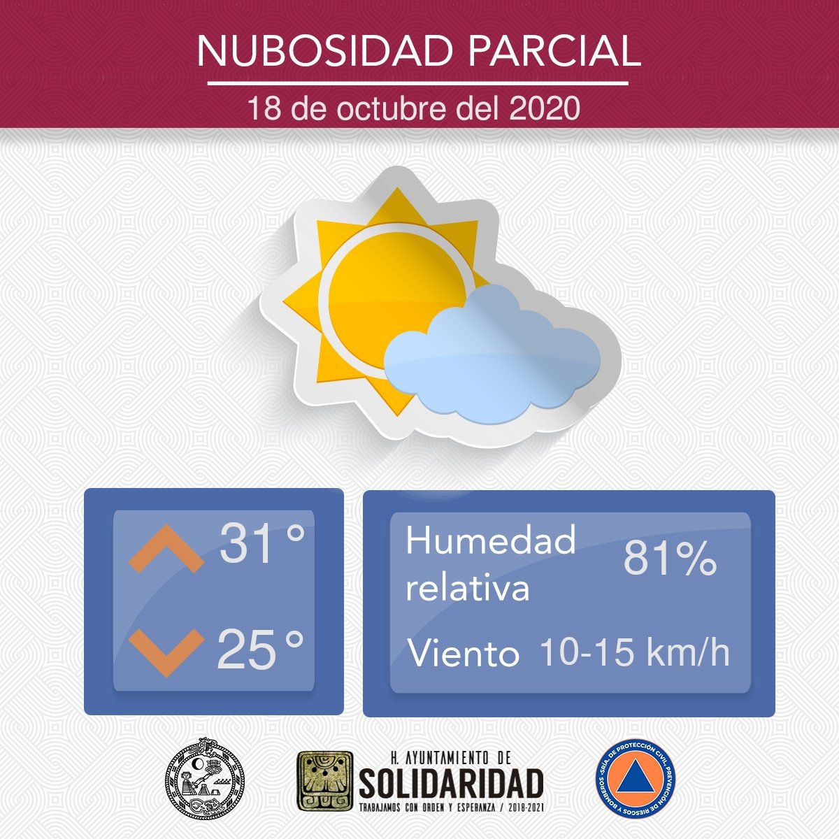 #ClimaSolidaridad 🌥️
Para el día de hoy en nuestro municipio se espera una temperatura máxima de 31° y una mínima de 25° así como un cielo medio nublado con algunas lluvias y chubascos por la tarde. #FelizDomingo