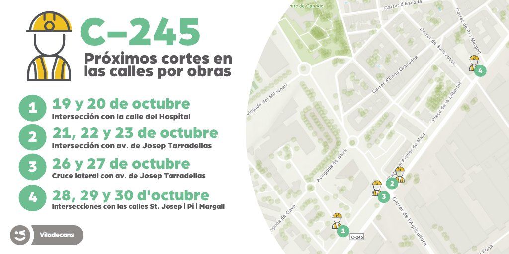 ViladecansTweet's tweet photo. 📅🚧 A partir de mañana, continuarán las afectaciones por obras 👷🏼 en diferentes puntos e intersecciones con la carretera C-245.

Estos son los más inmediatos 👇🏼👇🏼 https://t.co/tJ3XRrDHfu