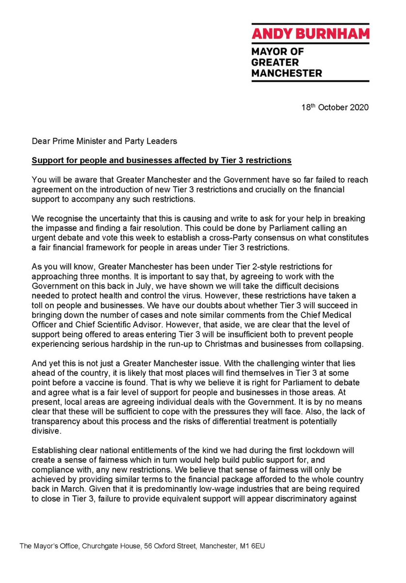 Sacha_Lord's tweet photo. A full and fair furlough scheme at 80%.

Support for the self employed, including freelancers.

Compensation for businesses directly or indirectly affected.

Not just for Greater Manchester, but for the UK. https://t.co/VosqqnrSSu