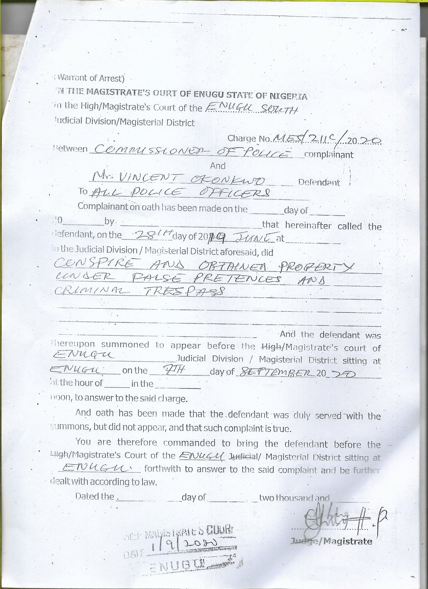2.   He was arrested on 10th Sept. 2020 on a connivance between questionable personalities within my home community, Igga, and major players within the Enugu State Govt. He was arrested on funny charges of obtaining under false pretenses as you can see from the charge below.