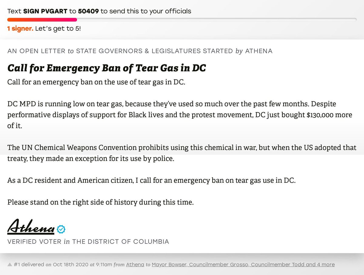 Katipunerx's tweet photo. ATTN: #DC residents! #DCMPD just ordered 130k of tear gas for use in the coming weeks against protesters. Chemicals banned by the #UN are being used in OUR streets.
Text SIGN PVGART to 50409 to ban the use of tear gas in our streets or DM @resistbot https://t.co/Z2luVH5nCD https://t.co/FPnF71jZtf