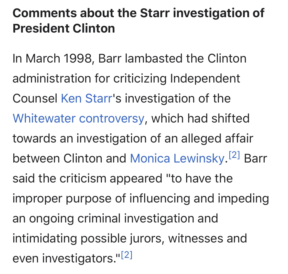Random information on Bill Barr’s hypocrisy. Barr is a champion on the power of the presidency. He was a fixer during the Iran-Contra scandal. Barr made it go away. He killed the Mueller Report and enabled the current Russian collusion. Here’s what he thought about Clinton
