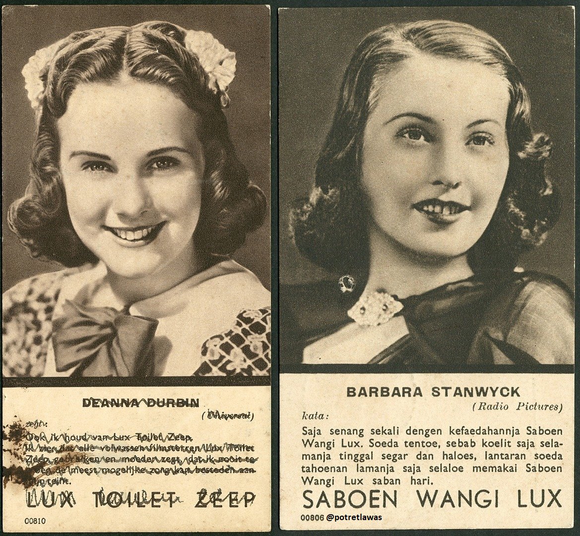 potretlawas's tweet photo. #Iklanlawas saboen wangi Lux berbentuk kartu pos, buatan akhir 30-an.

Berhias wajah dua bintang Hollywood Deanna Durbin dan Barbara Stanwyck, media-media beginilah yang turut menanamkan imaji cantik di mata orang awam masa itu: putih dan [berwajah] Eropa. https://t.co/SyfUvttYFj