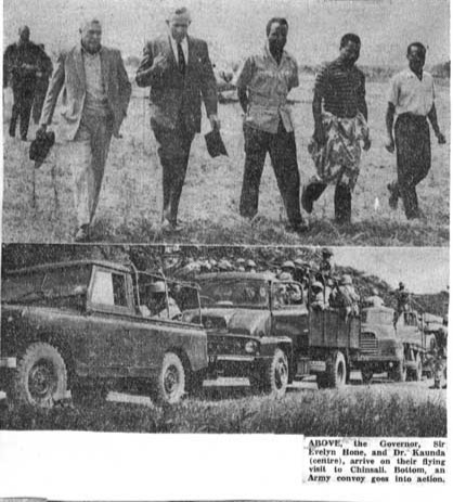 t9/ c1963, Chinsali, Governor Hone and Prime Minister Kaunda visit the epicenter of the troubled.