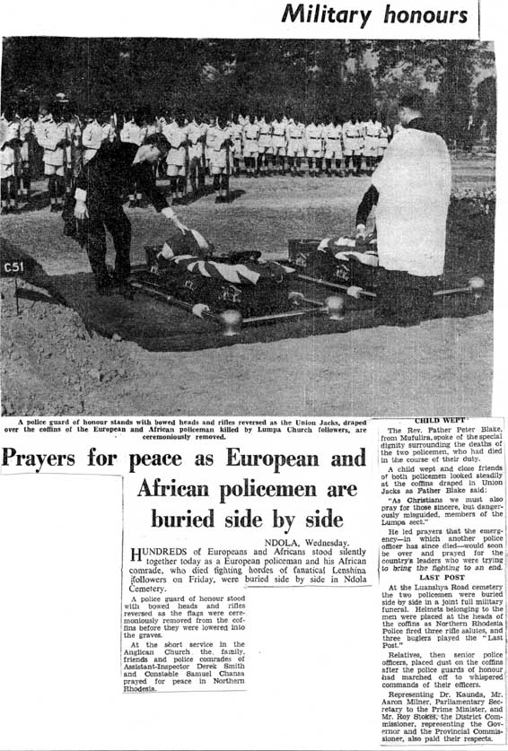 t10/ Police guard of honor for European and African policeman killed by Lumpa church members.
