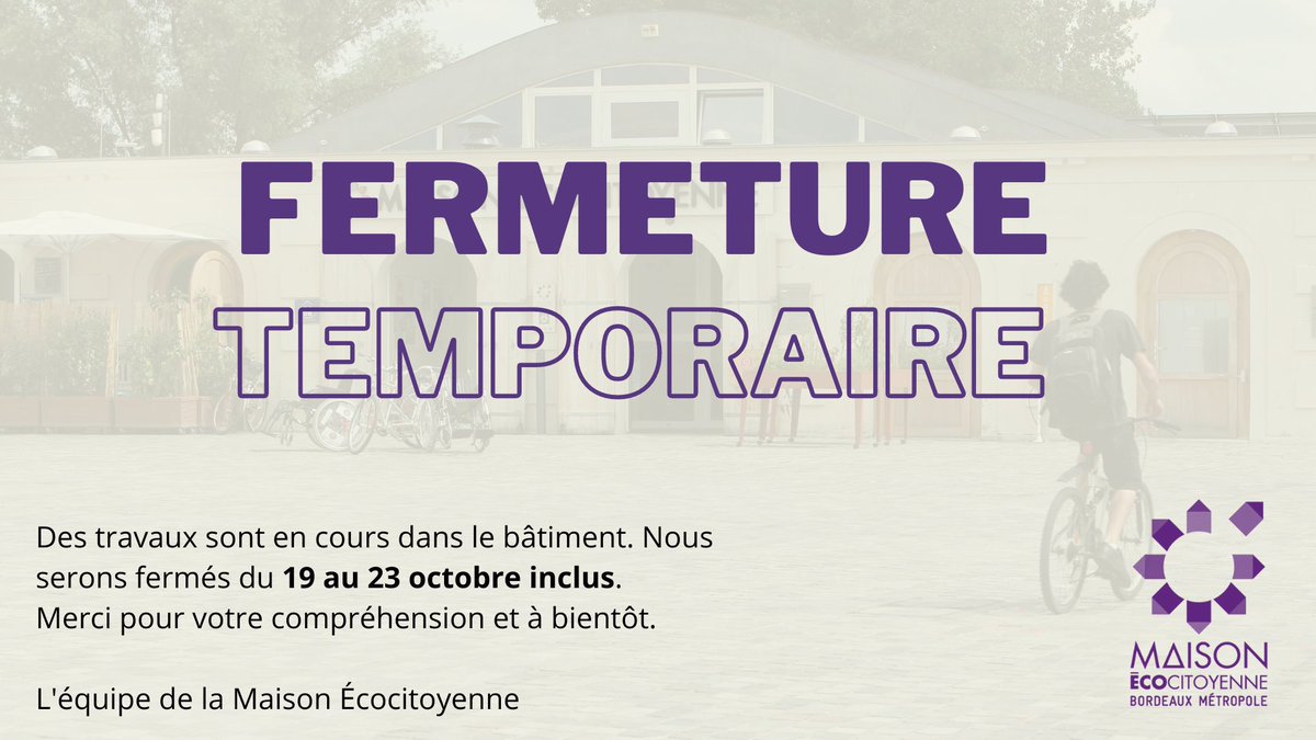 [ FERMETURE ]

La Maison Écocitoyenne sera exceptionnellement fermée du 19 au 23 inclus. 🏠⚒️

Nous restons joignable au☎️ 05 24 57 65 20 
💻maisonecociotyenne@bordeaux-metropole.fr
