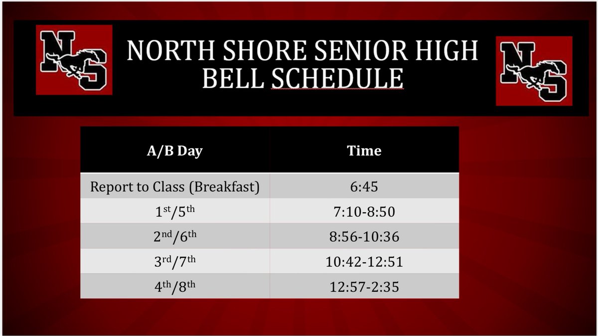 NSSH_Mustangs's tweet photo. Starting Monday, October 19,  ALL students will return to the original bell schedule.  
#WeRNorthShore #AllInThisTogether #bellschedule https://t.co/Tk4cUh7F8V