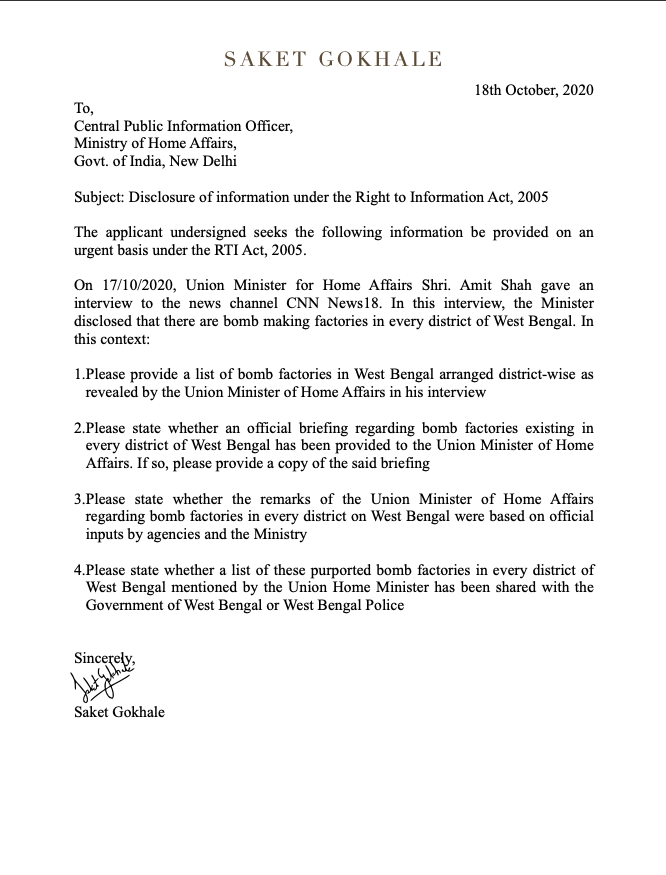 SaketGokhale's tweet photo. In his interview y'day, @AmitShah said there are bomb factories in every district of Bengal.
Ergo, I've filed an RTI asking:
- List of such factories identified by MHA
- If list was shared with Bengal Govt
- If Shah's remarks are based on official inputs
Let's get the truth. https://t.co/hyajk5h3rL