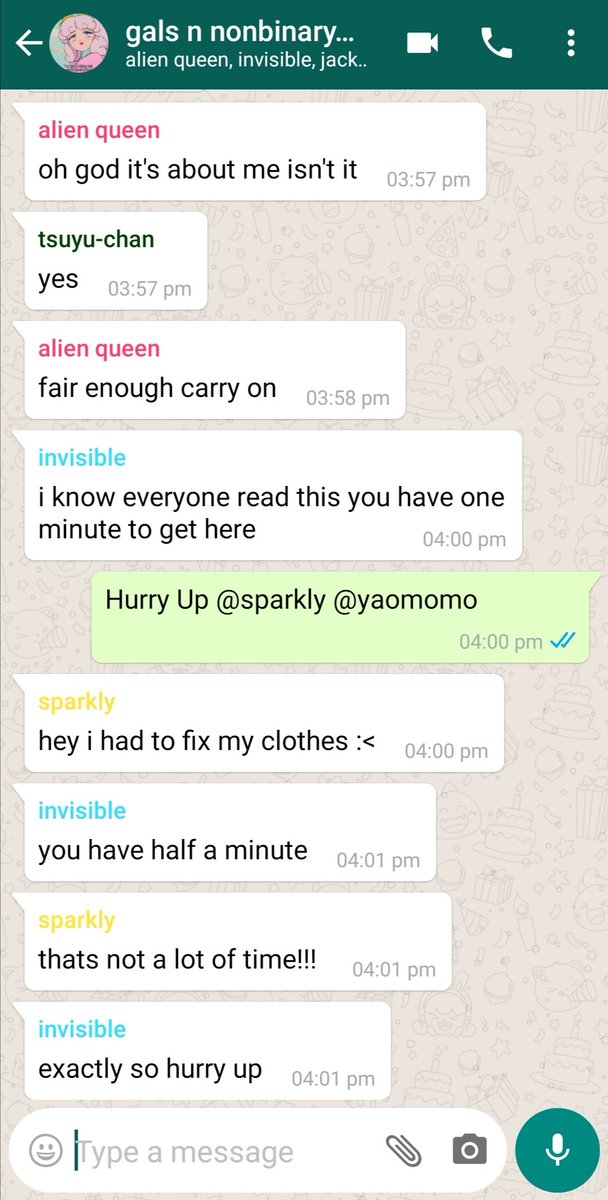 denki has no right to be calling anyone a simp.green is uraraka"gals n nonbinary pals" is the girls gc except nonbinary folks on the guys' side of the dorms have been allowed access on request. sero n aoyama are therefore also in the chat