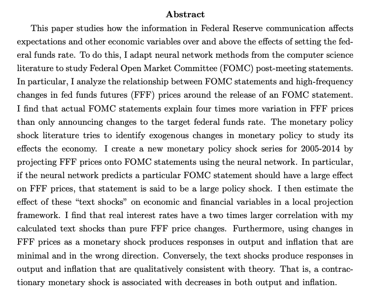 Amy HandlanJMP: "Text Shocks and Monetary Surprises: Text Analysis of FOMC Statements with Machine Learning"Website:  https://sites.google.com/umn.edu/amy-handlan