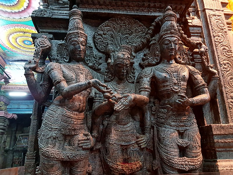 The scene depicting Vishnu giving his sister in marriage to Sundareswara is one of the most popular sculpture motifs in temples of Tamil Nadu. It is also ubiquitous in wedding halls, for obvious reasons.