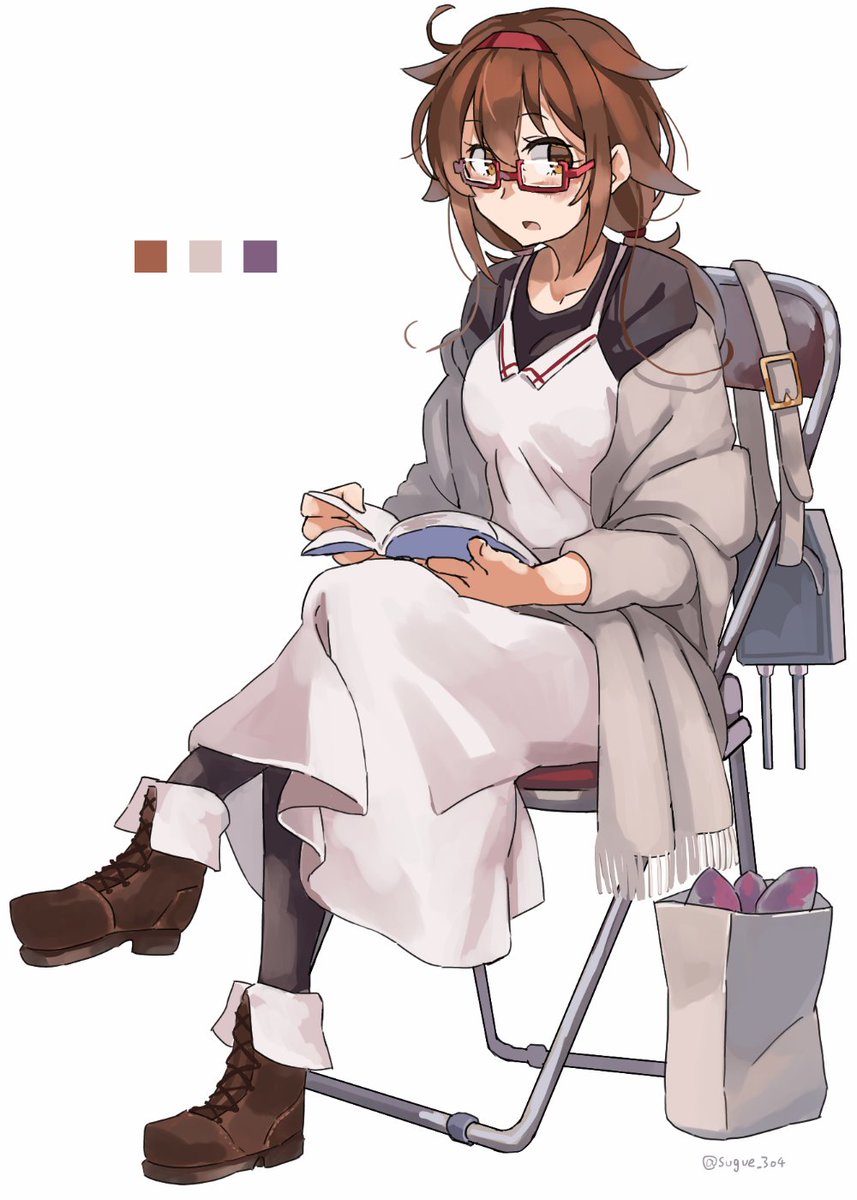 shiratsuyu (kancolle) 1girl solo red hairband glasses brown hair red-framed eyewear book  illustration images